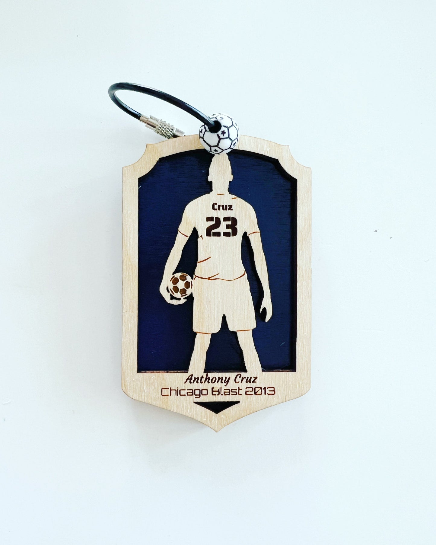 Personalized Soccer Keychain – Custom Player Name & Number Wood Keychain