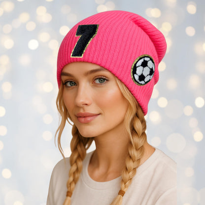 Custom Soccer Mom Slouchy Beanie with Number Patch