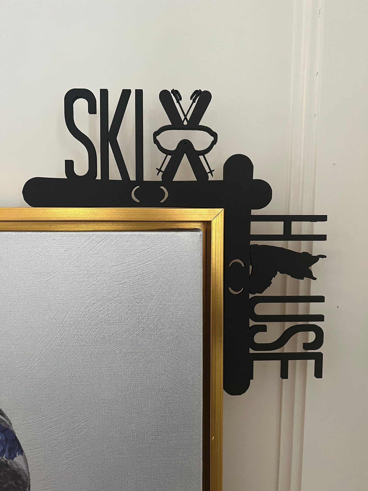 Ski House Door Corner Sign | Ski Decor with Skis & Boot | Winter Cabin Wall Decor