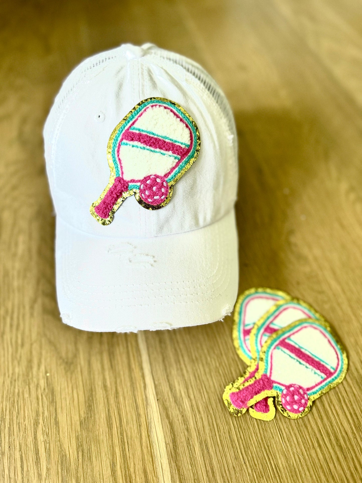 Pickleball Patch | Pink Chenille Racquet Patch | Iron On Pickleball Accessory Gift
