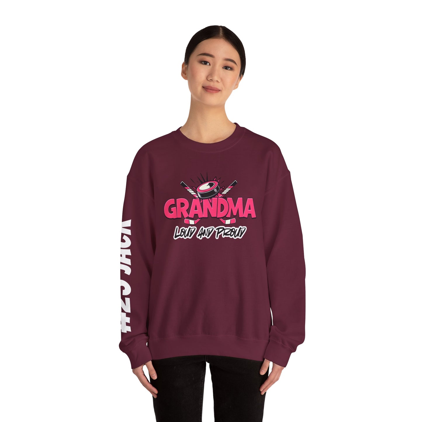 Personalized Hockey Grandma Sweatshirt with Name & Number Sleeve