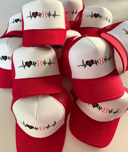 Heartbeat Baseball Mom Trucker Hat with Number