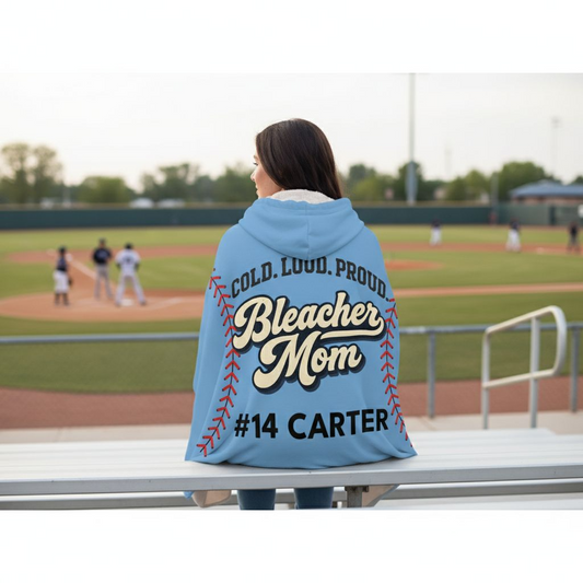 Personalized Baseball Mom Blanket Sherpa Hoodie | Custom Name & Number Bleacher Mom Hoodie Blanket