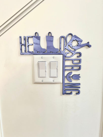 Wood Hello Spring Sign: Rain boots, Watering Can Door Corner Decor