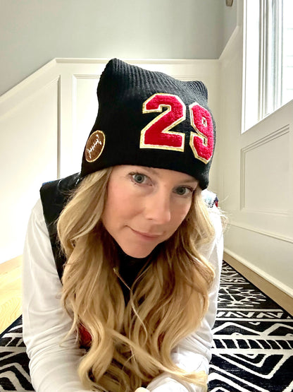 Custom Soccer Mom Slouchy Beanie with Number Patch