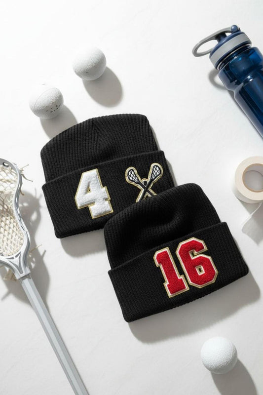 Custom Lacrosse Mom Beanie with Number Patch – Slouchy Knit Hat