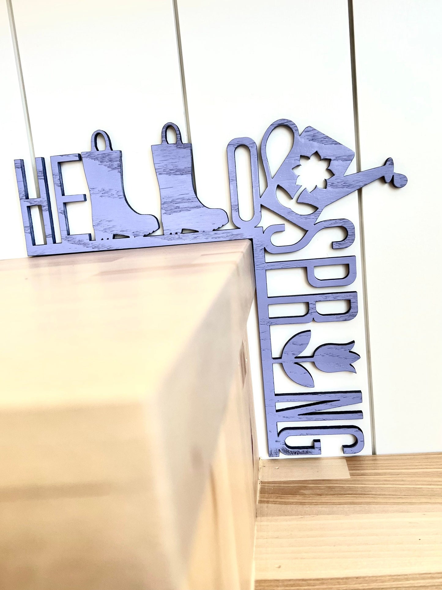 Wood Hello Spring Sign: Rain boots, Watering Can Door Corner Decor