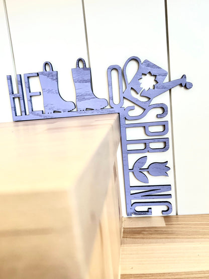 Wood Hello Spring Sign: Rain boots, Watering Can Door Corner Decor