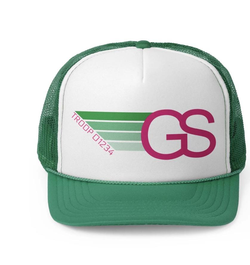 Personalized Girl Scout Troop Trucker Hat – Retro Rainbow Design