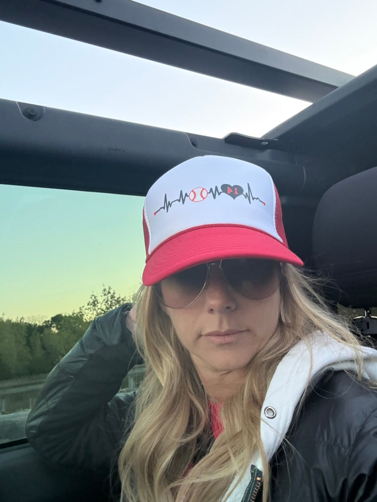 Heartbeat Baseball Mom Trucker Hat with Number
