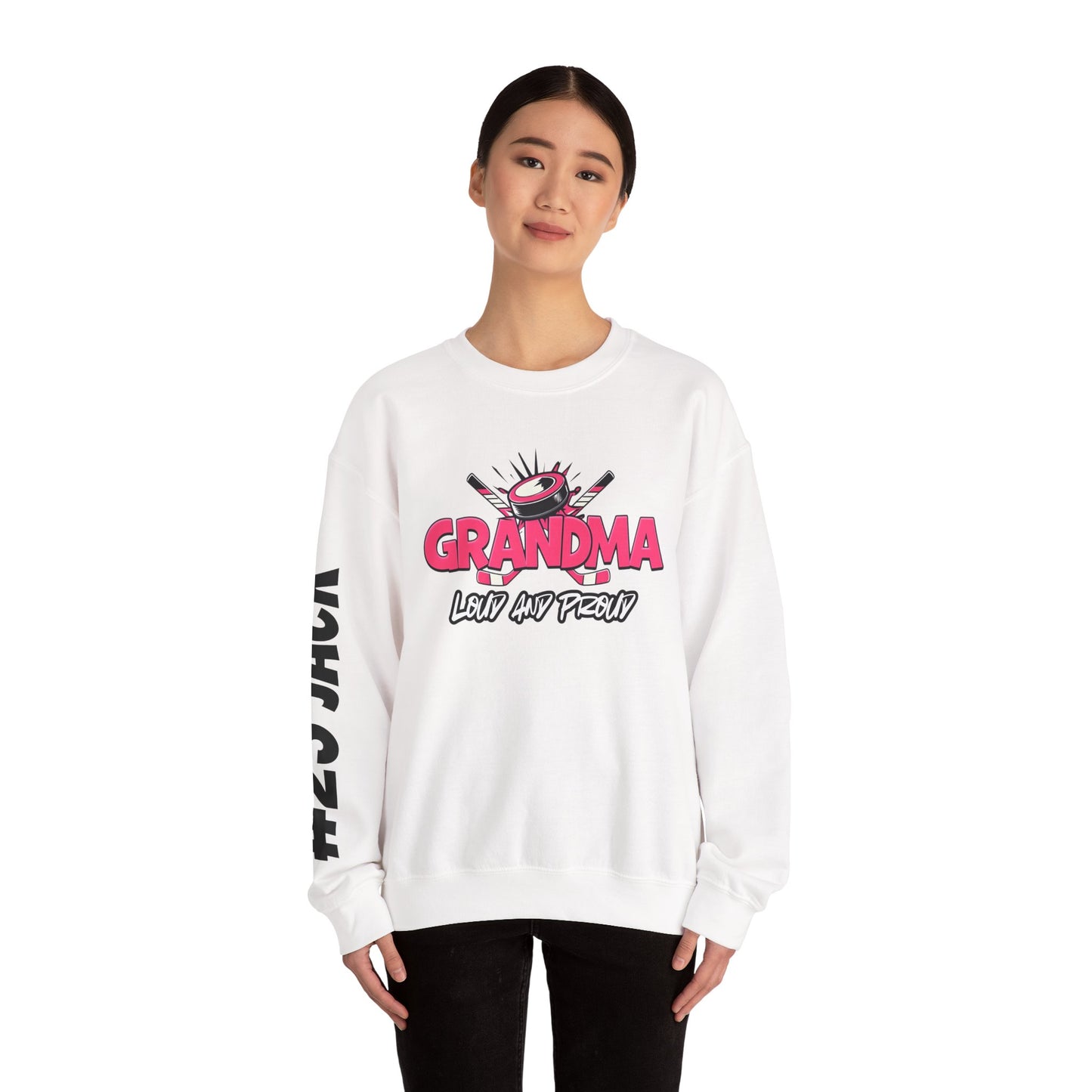 Personalized Hockey Grandma Sweatshirt with Name & Number Sleeve
