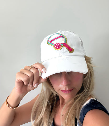 Pickleball Patch | Pink Chenille Racquet Patch | Iron On Pickleball Accessory Gift