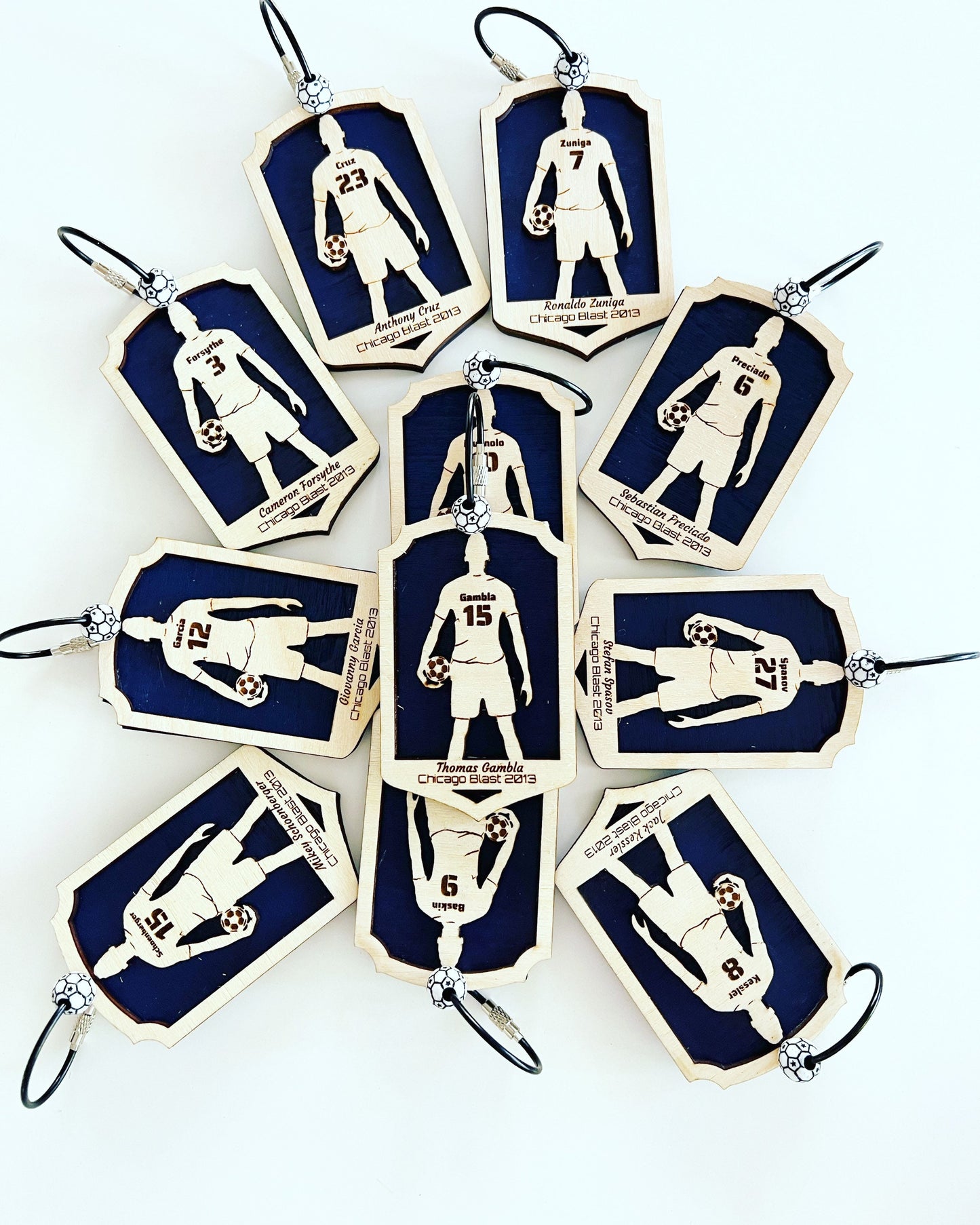 Personalized Soccer Keychain – Custom Player Name & Number Wood Keychain