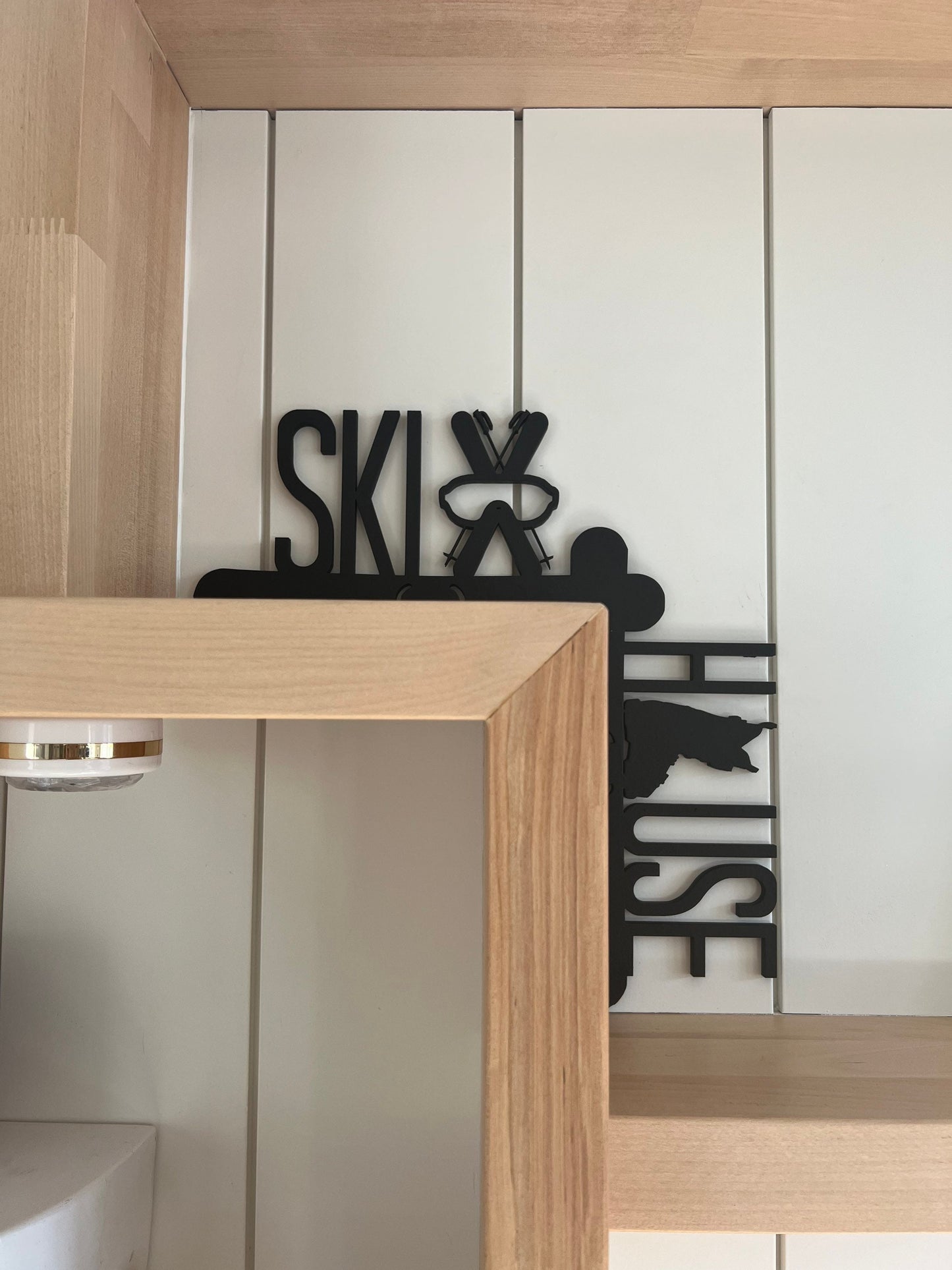 Ski House Door Corner Sign | Ski Decor with Skis & Boot | Winter Cabin Wall Decor