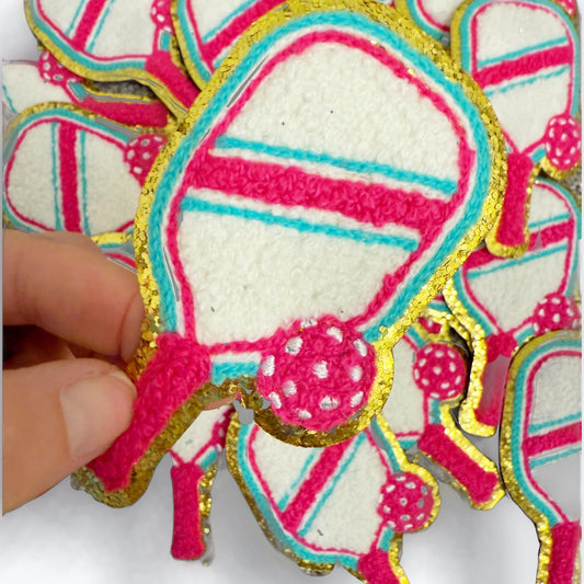 Pickleball Patch | Pink Chenille Racquet Patch | Iron On Pickleball Accessory Gift