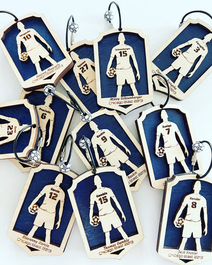 Personalized Soccer Keychain – Custom Player Name & Number Wood Keychain