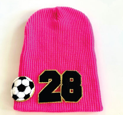 Custom Soccer Mom Slouchy Beanie with Number Patch
