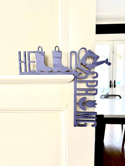 Wood Hello Spring Sign: Rain boots, Watering Can Door Corner Decor
