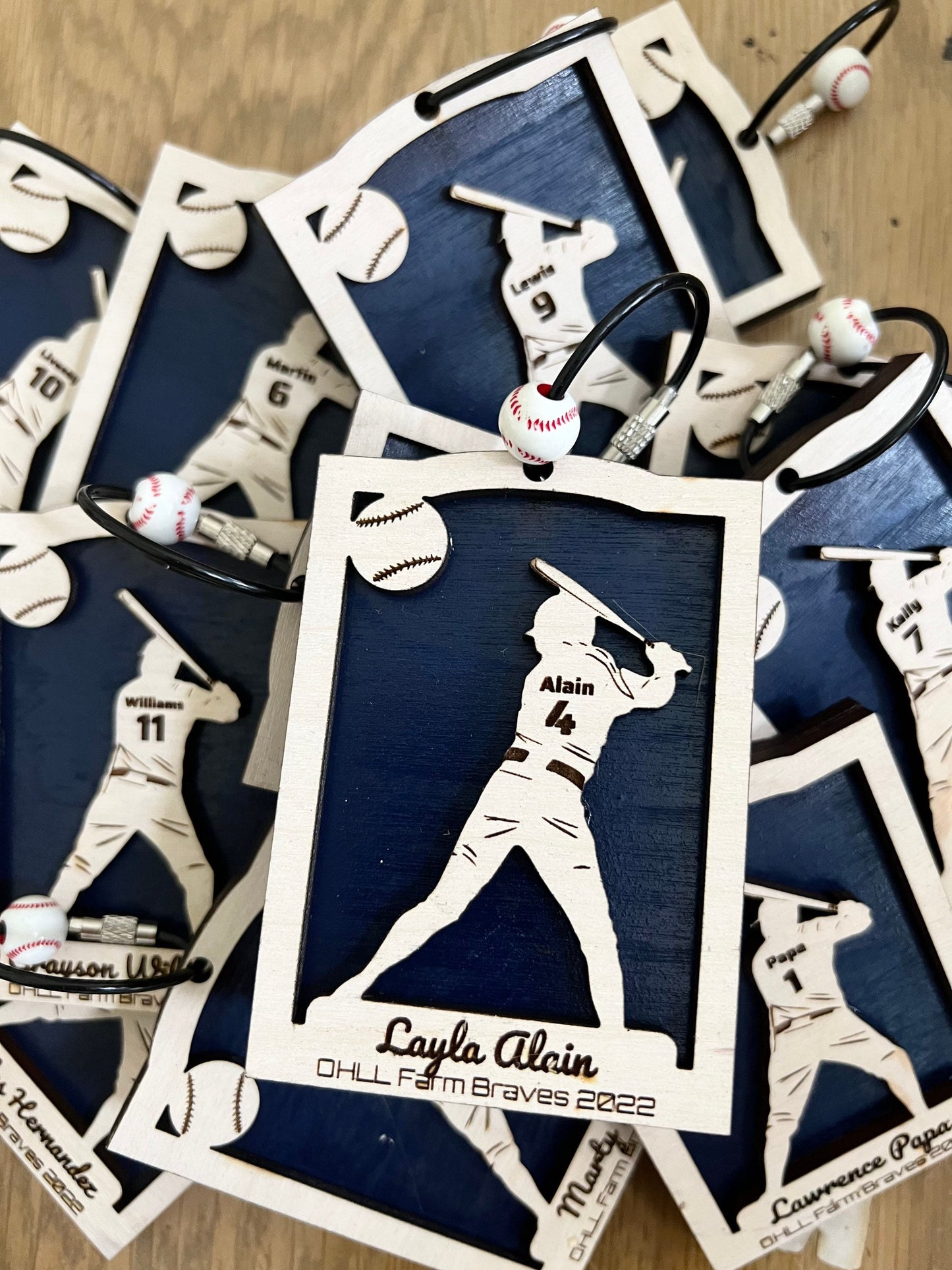 Personalized Baseball Keychain – Custom Player Name & Number Wood