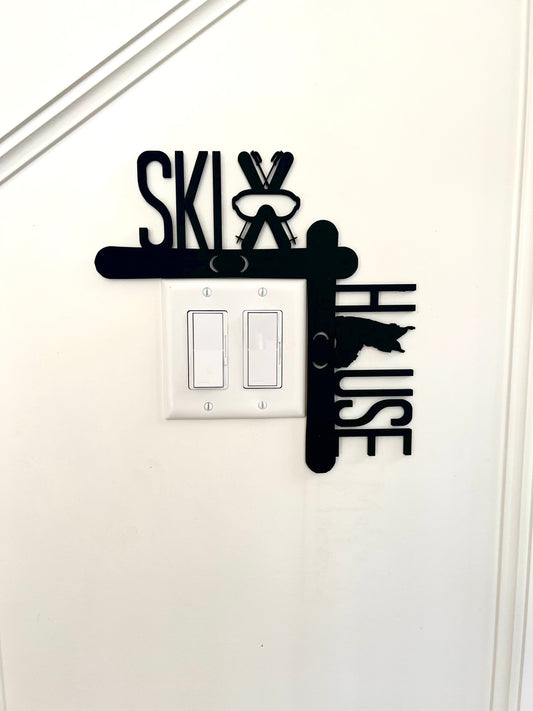 Ski House Door Corner Sign | Ski Decor with Skis & Boot | Winter Cabin Wall Decor