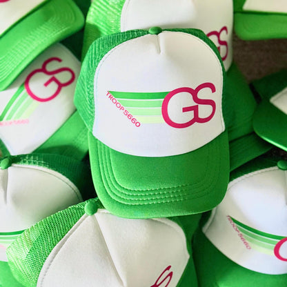 Personalized Girl Scout Troop Trucker Hat – Retro Rainbow Design