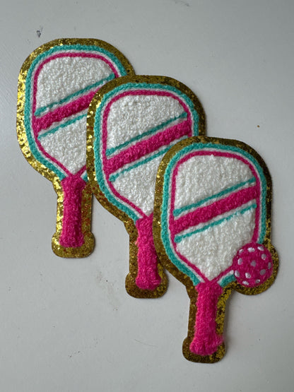 Pickleball Patch | Pink Chenille Racquet Patch | Iron On Pickleball Accessory Gift