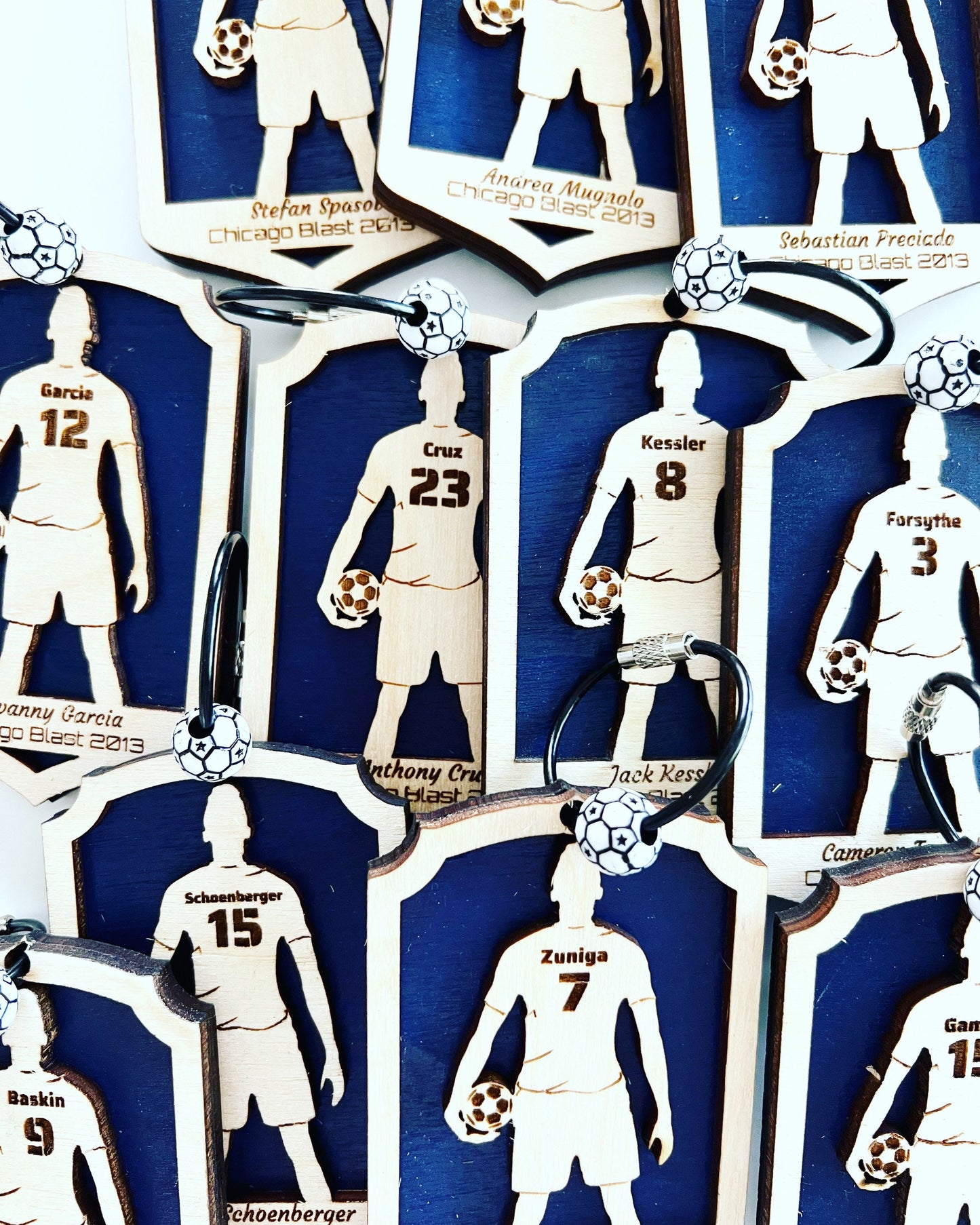 Personalized Soccer Keychain – Custom Player Name & Number Wood Keychain