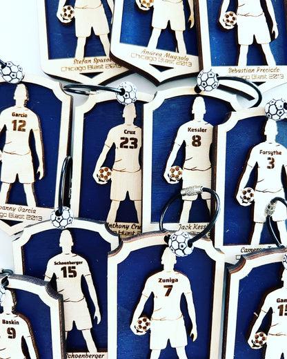 Personalized Soccer Keychain – Custom Player Name & Number Wood Keychain