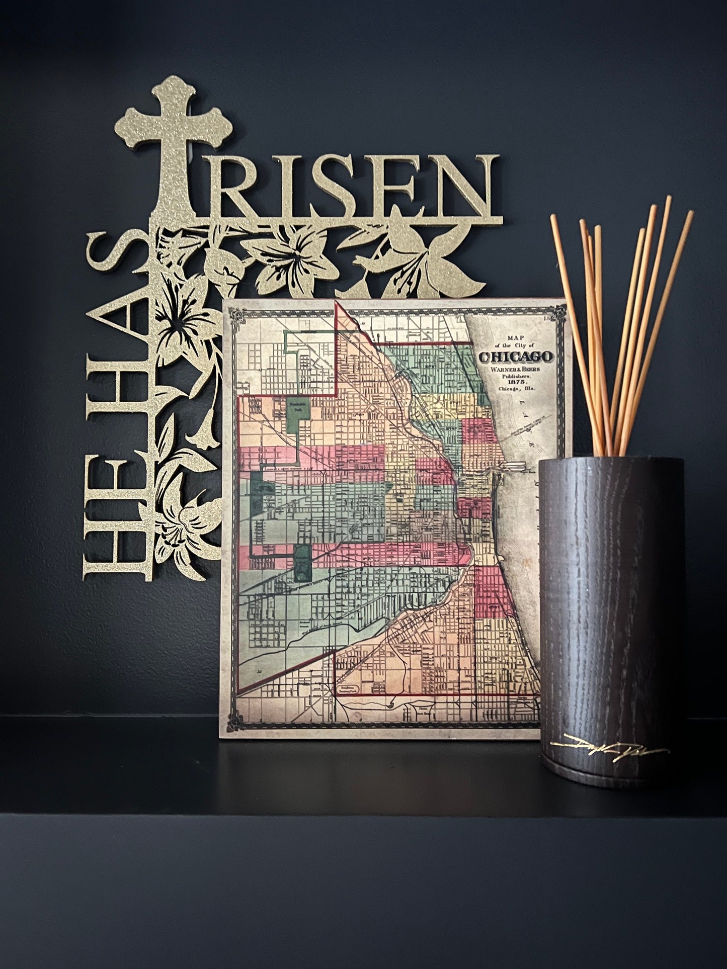 He Has Risen Door Corner Sign | Easter Christian Decor | Cross & Lily Wall Decor