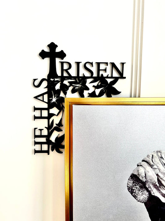 He Has Risen Door Corner Sign | Easter Christian Decor | Cross & Lily Wall Decor