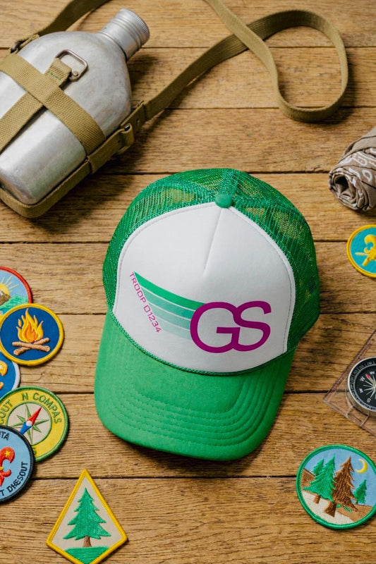 Personalized Girl Scout Troop Trucker Hat – Retro Rainbow Design
