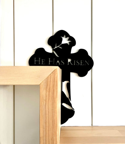 He Has Risen Cross Door Corner Sign | Easter Lily Decor | Christian Wall Decor