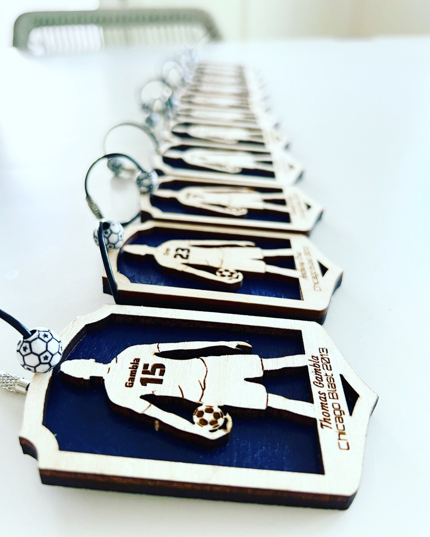 Personalized Soccer Keychain – Custom Player Name & Number Wood Keychain