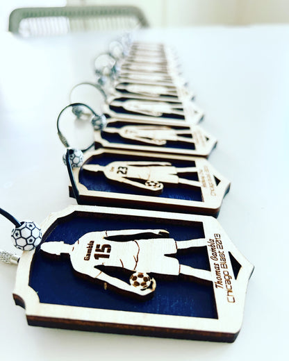 Personalized Soccer Keychain – Custom Player Name & Number Wood Keychain