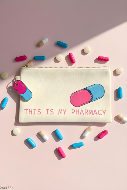 “This Is My Pharmacy” Makeup Bag – Funny Pill Organizer Pouch