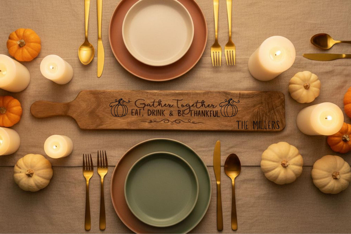 Personalized Thanksgiving Charcuterie Board | Engraved Wood Serving Tray for Gather, Eat, Drink & Be Thankful