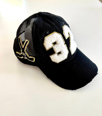 Personalized Hockey Mom Hat – Chenille Number, Hockey Sticks