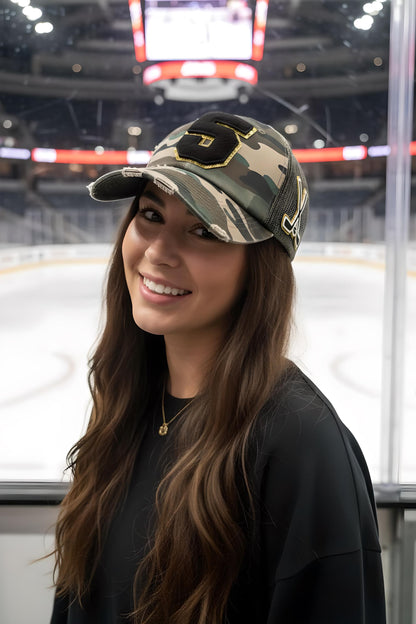 Personalized Hockey Mom Hat with Player Number | Custom Hockey Hat with Chenille Patch | Hockey Sticks Trucker Hat | Sports Mom Gift