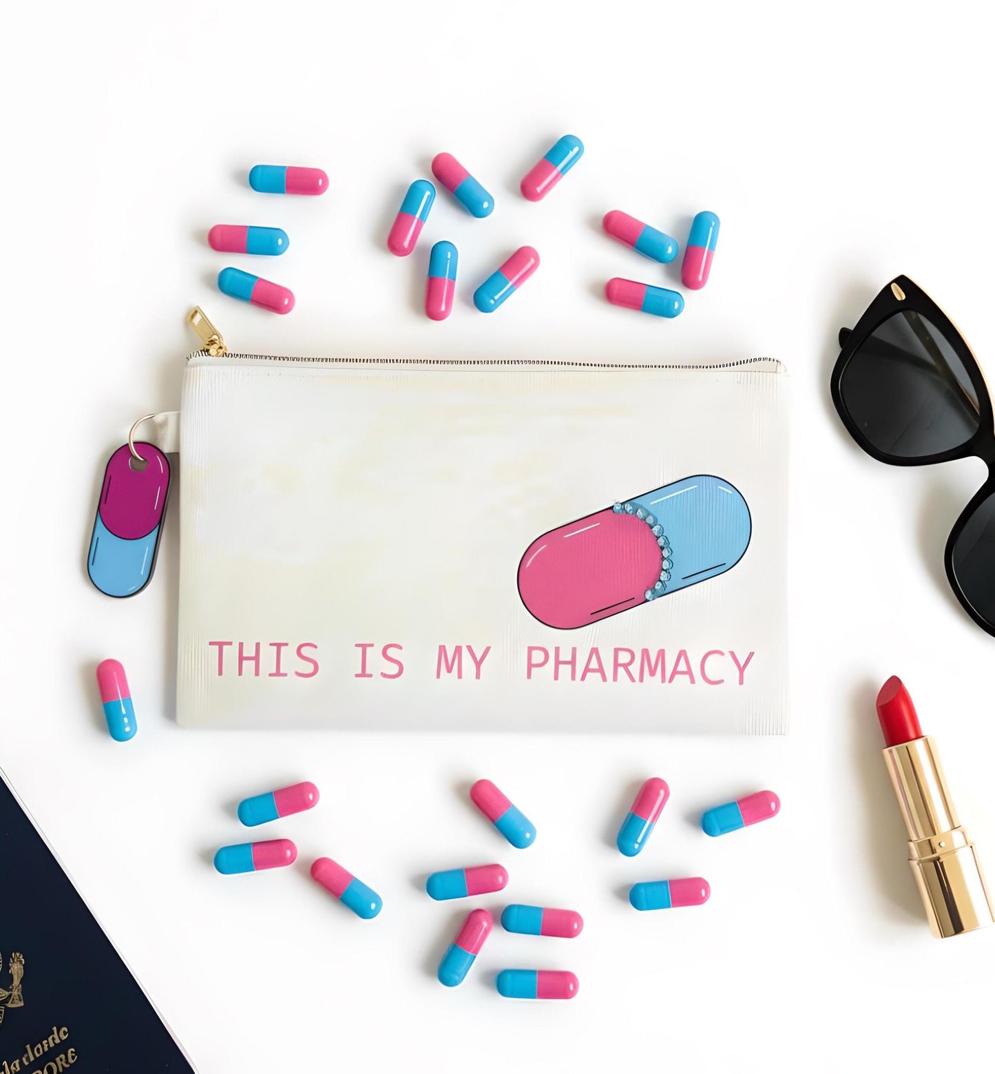 “This Is My Pharmacy” Makeup Bag – Funny Pill Organizer Pouch