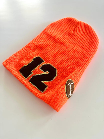 Personalized Football Mom Slouchy Beanie with Number Patch